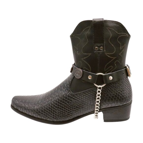 NEW Men Biker Boot Silver Chain Faux Leather 2 Straps Shotgun Bullet Shell Charm - Picture 1 of 16